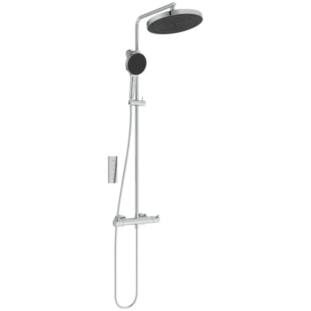 Duschsystem von Ideal Standard mit einer großen Kopfbrause und einer Handbrause, montiert an einer senkrechten Stange, ausgestattet mit einem jeweiligen Bedienfeld.